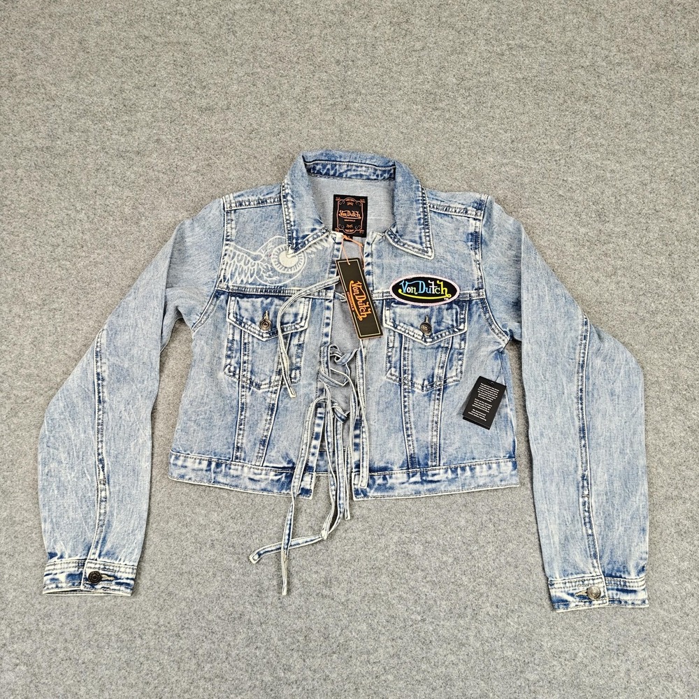 Von Dutch Jacket Womens Small Blue Denim Logo Lace Up Cropped Graphic Back Print